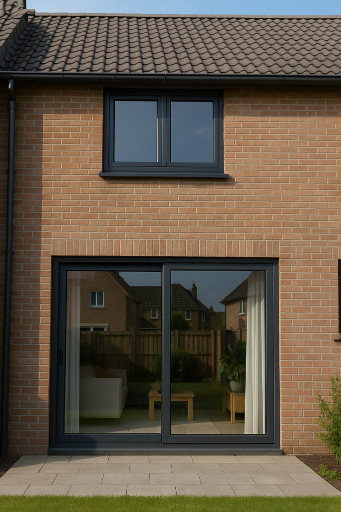 Buitenaanzicht modern huis met glazen schuifdeuren